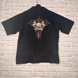 Dragonfly Roadhouse Black Short Sleeve Shirt Skull Flame Men L Biker Motorcycle